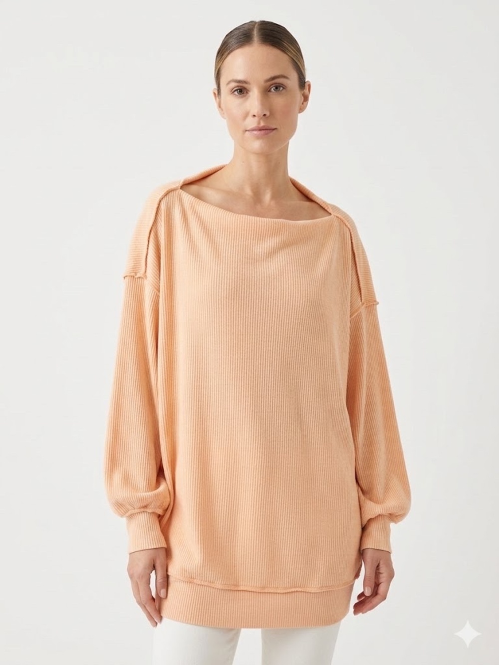 We The Free Faded Peach Off The Shoulder Ribbed Knit Tunic Sweater